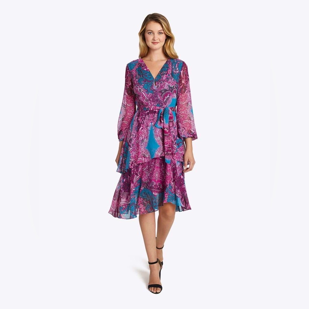 Tahari ASL Paisley Chiffon Tiered Midi Dress - V-neck wrap